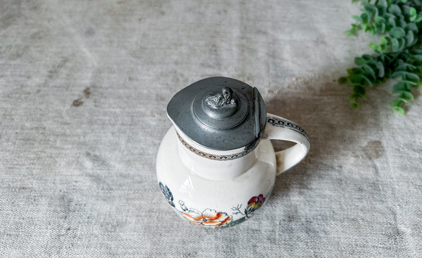 Antique Ironstone Polychrome Floral Syrup Jug with Pewter Lid