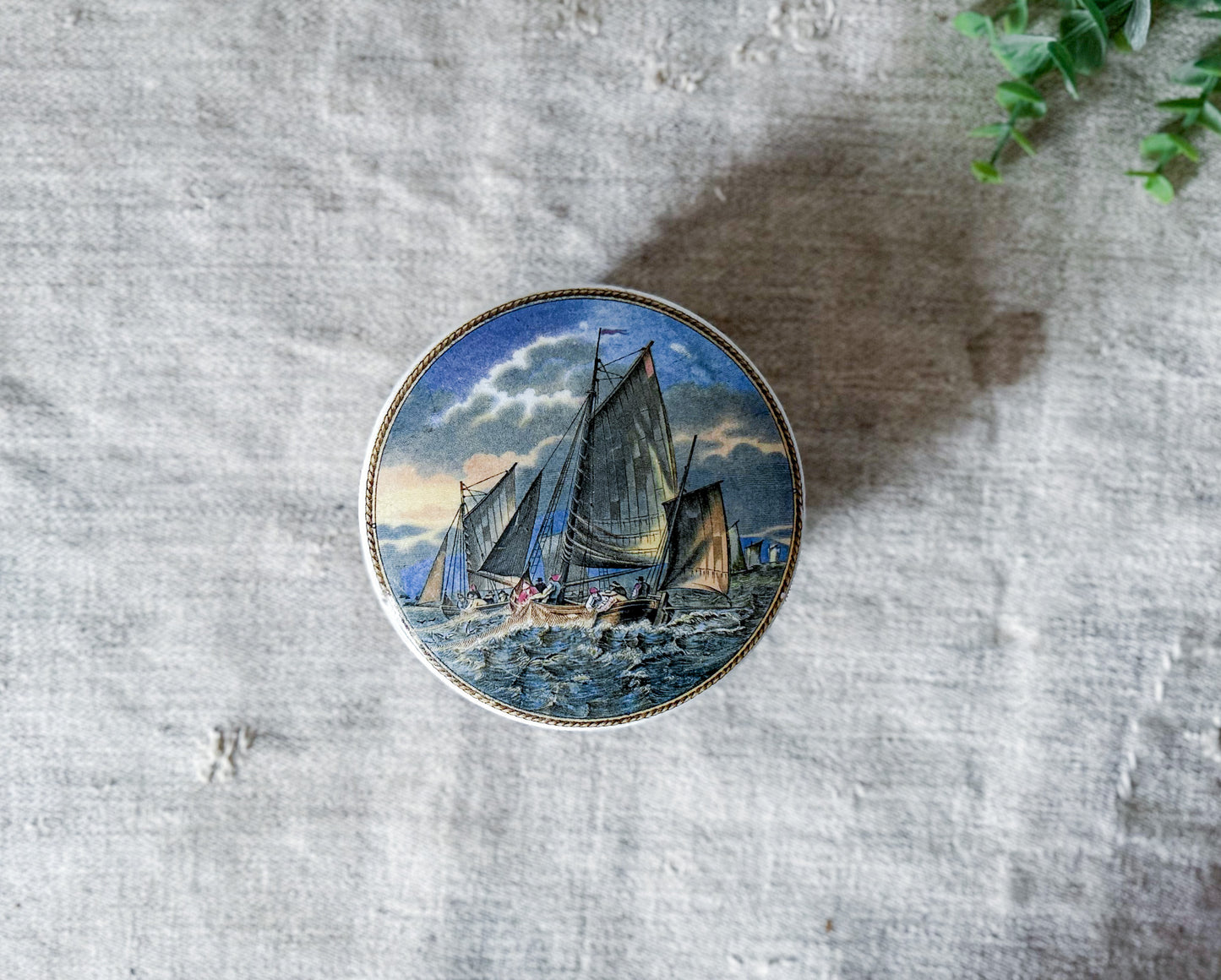 Antique Prattware Lid & Base of Fishing Boats at Sea