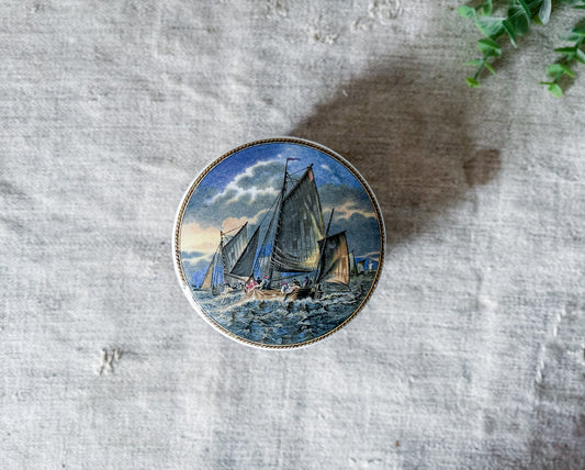 Antique Prattware Lid & Base of Fishing Boats at Sea
