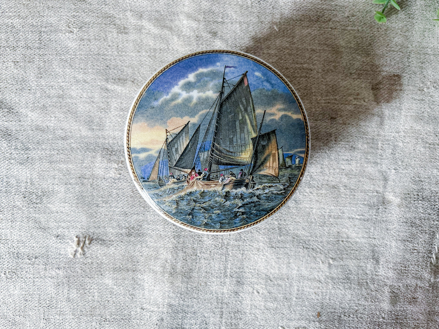 Antique Prattware Lid & Base of Fishing Boats at Sea