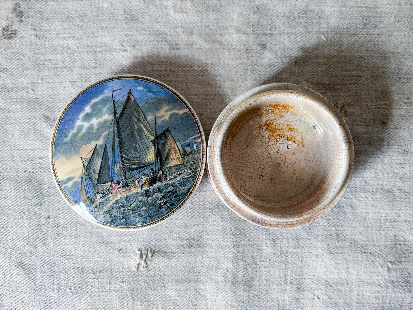 Antique Prattware Lid & Base of Fishing Boats at Sea