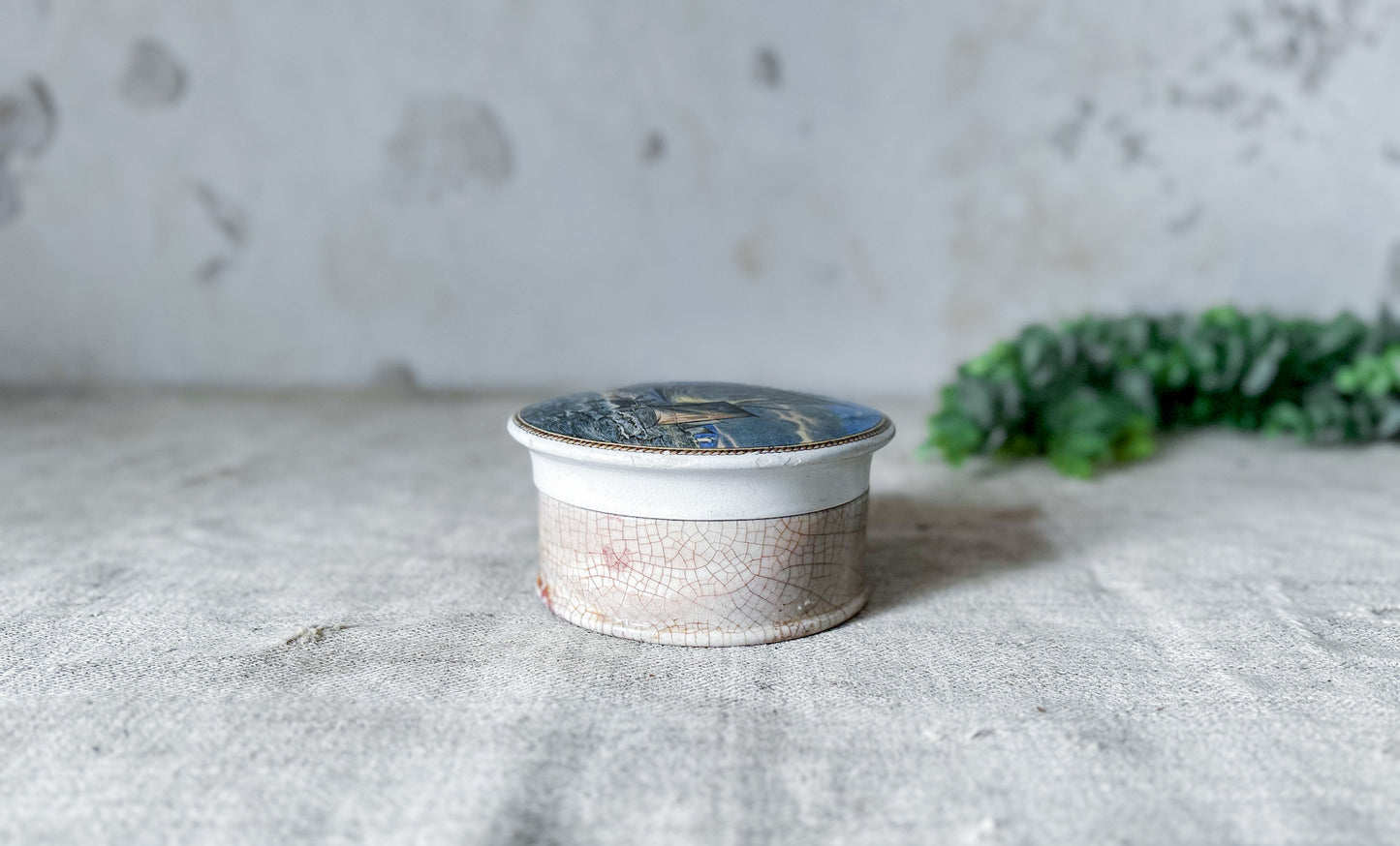 Antique Prattware Lid & Base of Fishing Boats at Sea