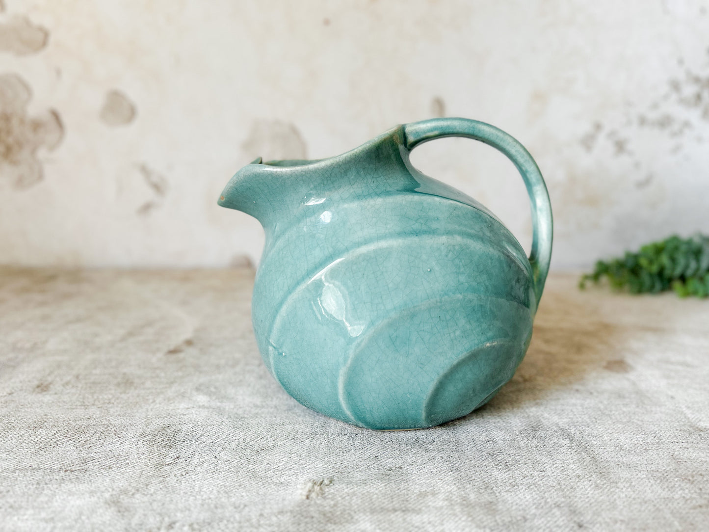 Vintage Art Deco Crazed Teal Green Ball Pitcher