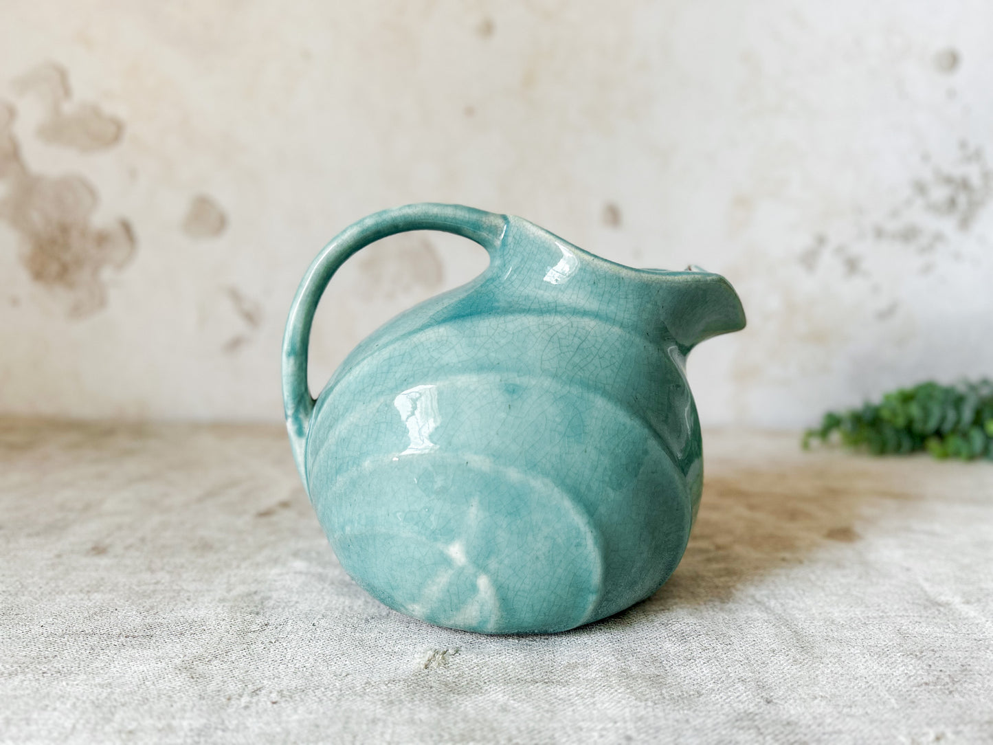 Vintage Art Deco Crazed Teal Green Ball Pitcher