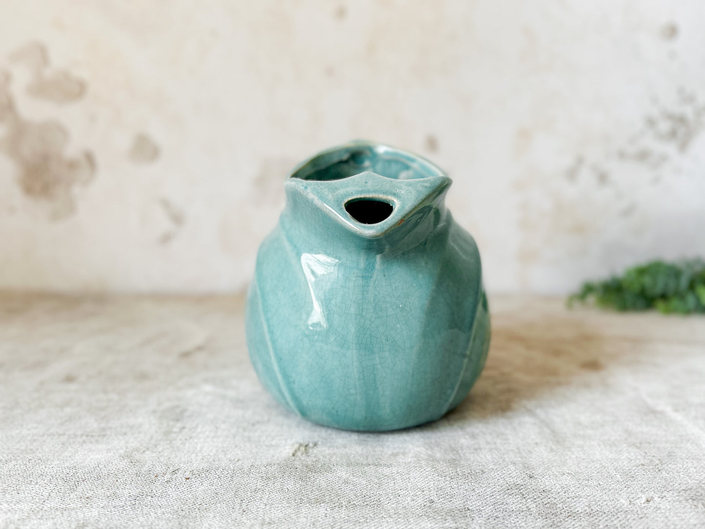 Vintage Art Deco Crazed Teal Green Ball Pitcher