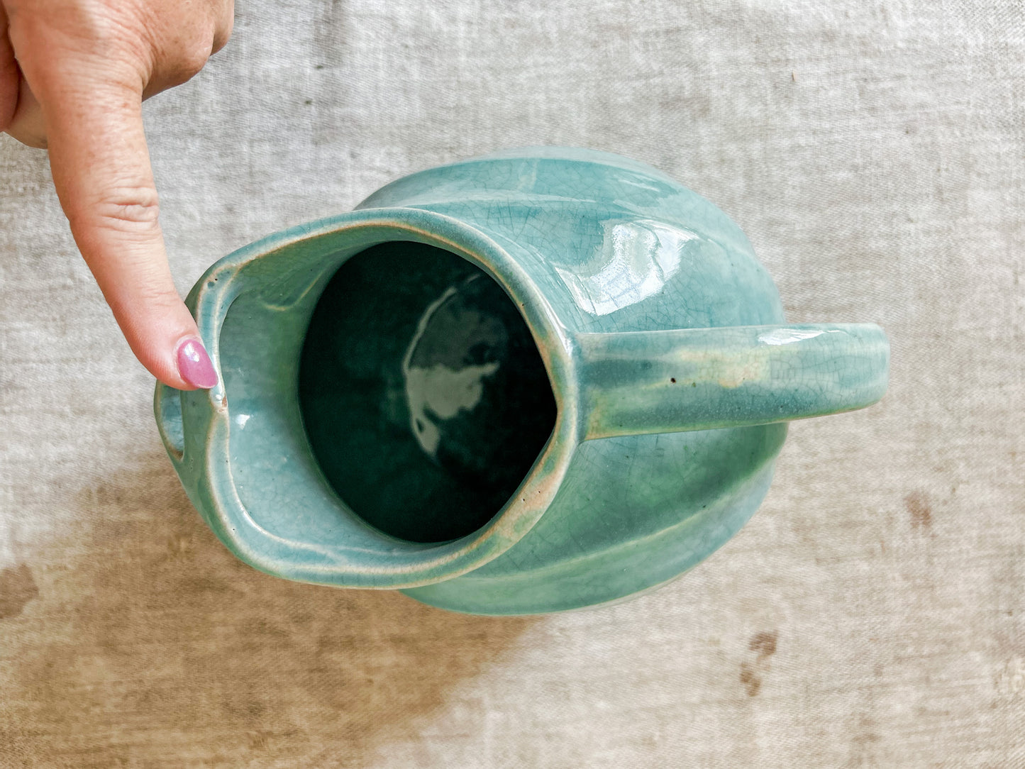 Vintage Art Deco Crazed Teal Green Ball Pitcher