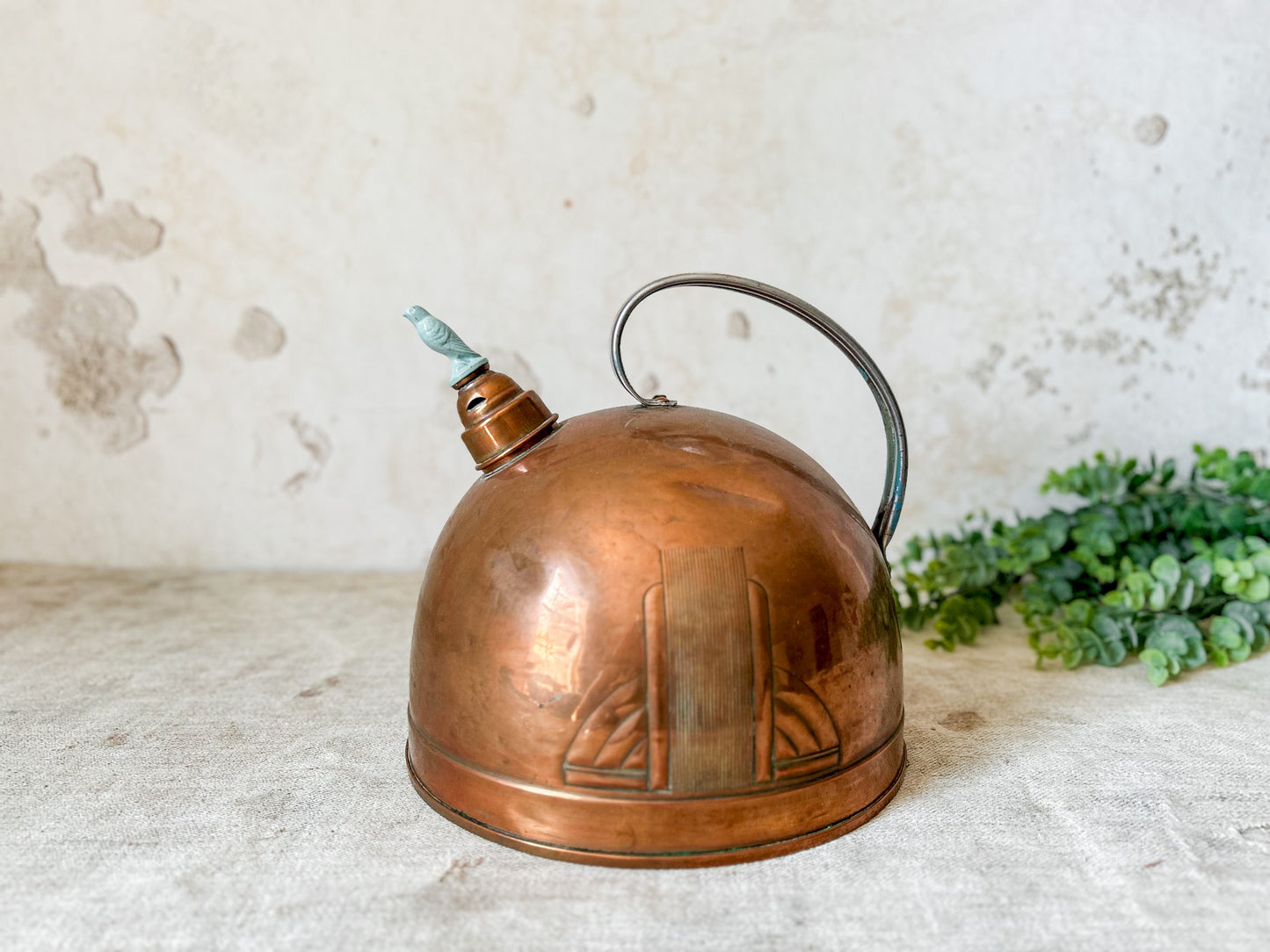 Vintage Art Deco Copper Kettle with Bird Whistle