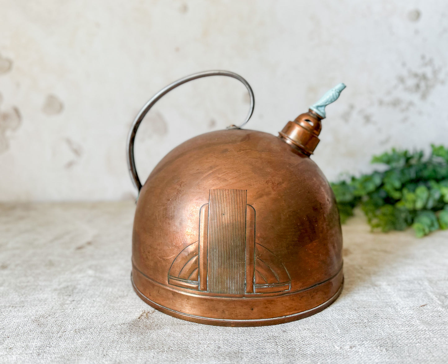 Vintage Art Deco Copper Kettle with Bird Whistle