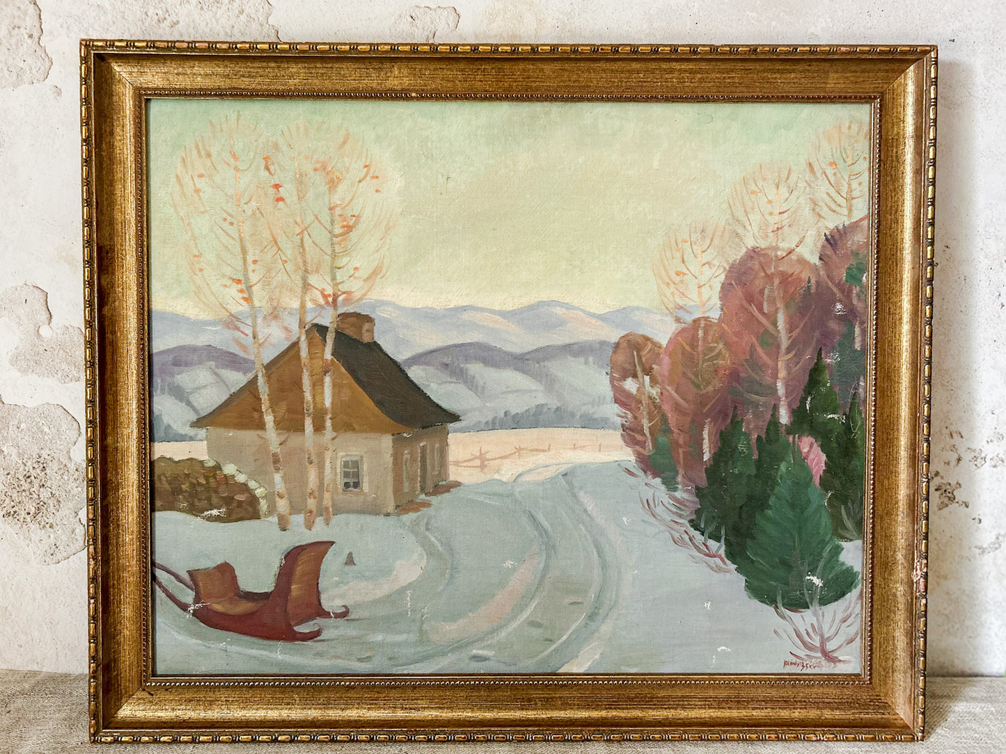 Vintage Signed Winter Landscape Oil Painting, c1935