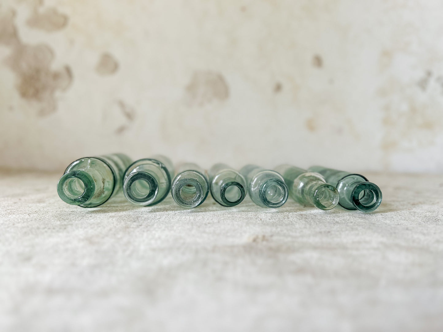 Set of 7 Antique English Aqua Glass Cylinder Bottles