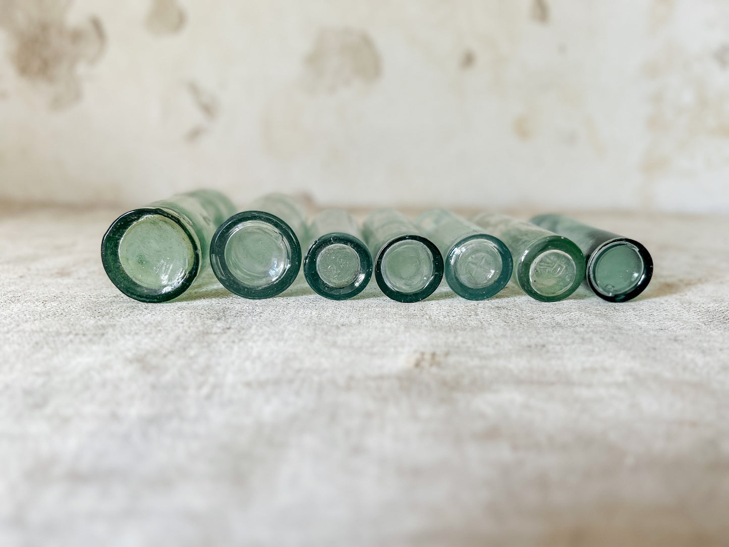 Set of 7 Antique English Aqua Glass Cylinder Bottles