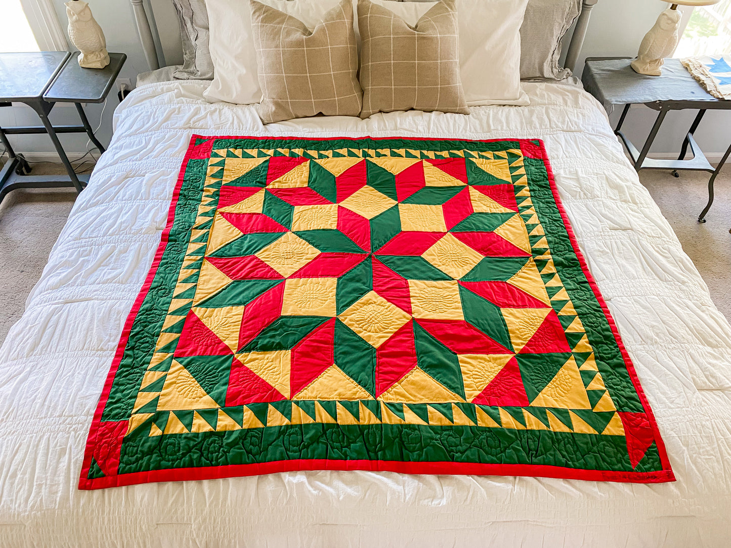 Vintage Quilted Wall Hanging Lap Quilt | Signed Red Yellow Green Broken Star with Sawtooth Border Quilt