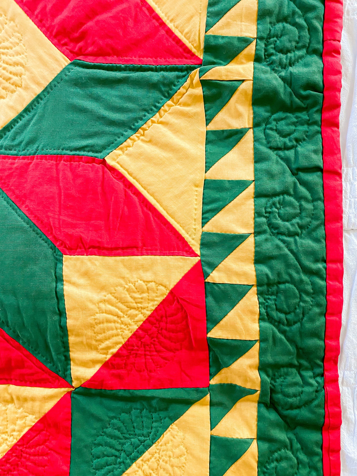 Vintage Quilted Wall Hanging Lap Quilt | Signed Red Yellow Green Broken Star with Sawtooth Border Quilt