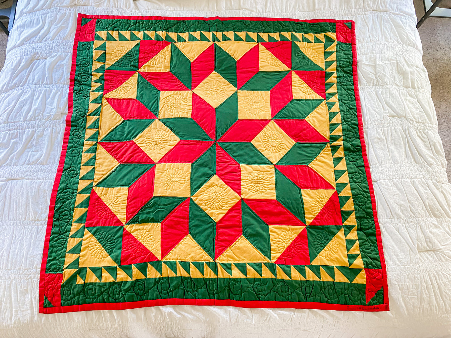 Vintage Quilted Wall Hanging Lap Quilt | Signed Red Yellow Green Broken Star with Sawtooth Border Quilt