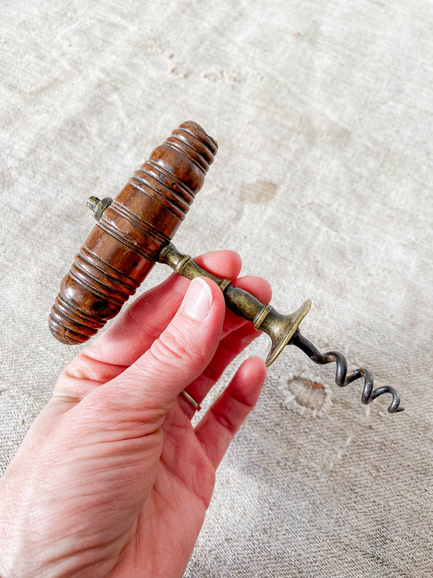 Antique Turned Oak and Brass Victorian Corkscrew