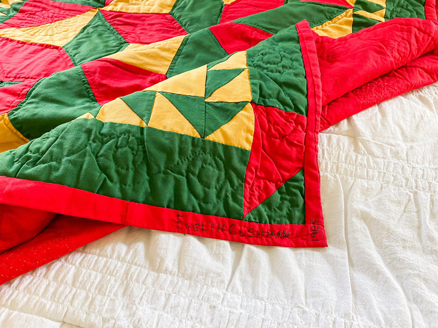 Vintage Quilted Wall Hanging Lap Quilt | Signed Red Yellow Green Broken Star with Sawtooth Border Quilt