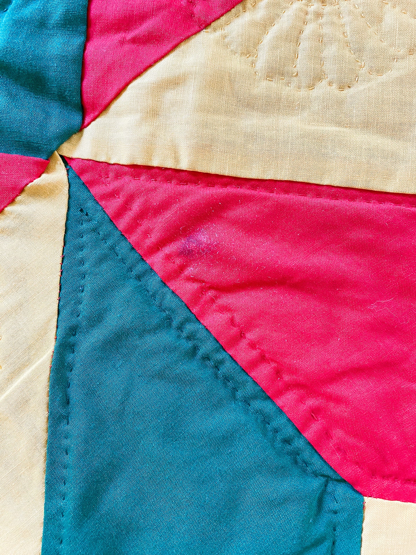 Vintage Quilted Wall Hanging Lap Quilt | Signed Red Yellow Green Broken Star with Sawtooth Border Quilt