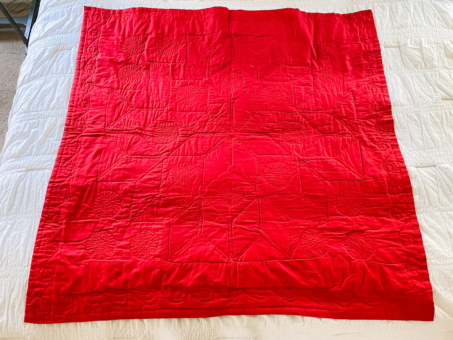Vintage Quilted Wall Hanging Lap Quilt | Signed Red Yellow Green Broken Star with Sawtooth Border Quilt