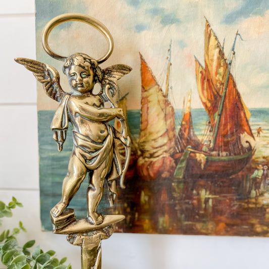 Antique Early Victorian Brass & Cast Iron Cherub Door Stop, c1840