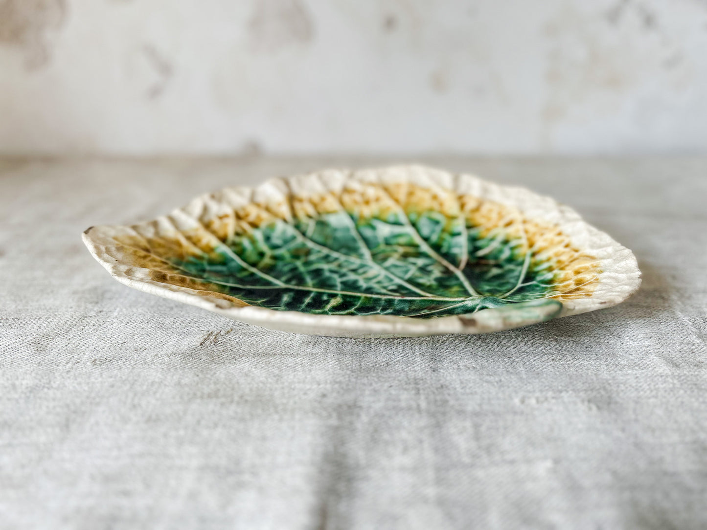 Green Yellow Unmarked Majolica Begonia Leaf 11" Dish, c1880