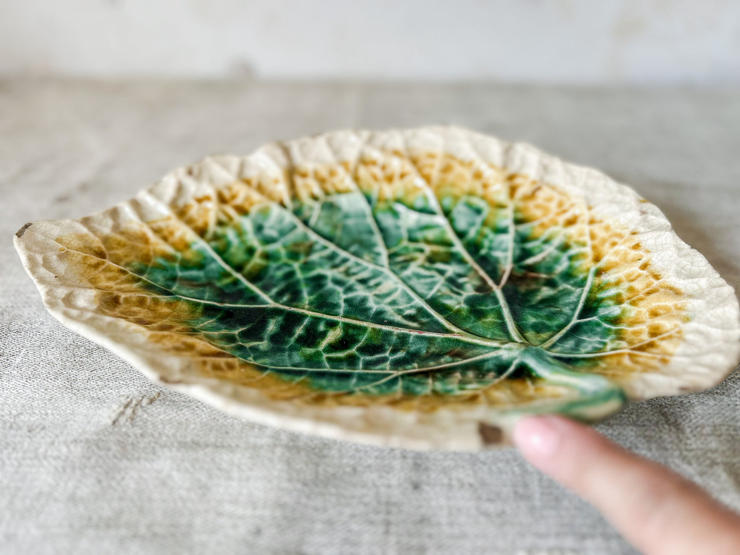 Green Yellow Unmarked Majolica Begonia Leaf 11" Dish, c1880