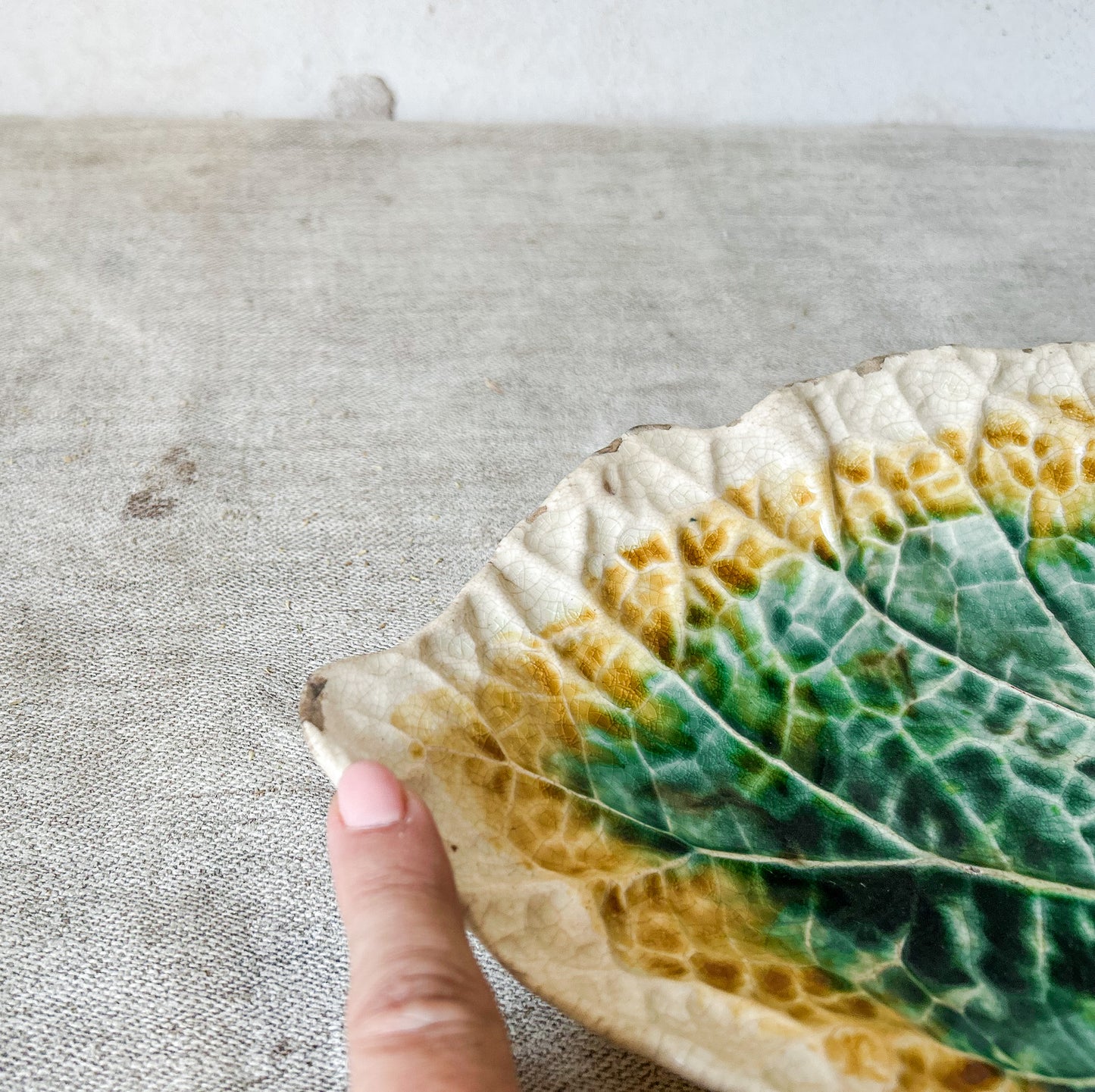 Green Yellow Unmarked Majolica Begonia Leaf 11" Dish, c1880