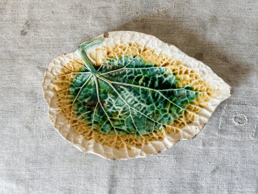 Green Yellow Unmarked Majolica Begonia Leaf 11" Dish, c1880