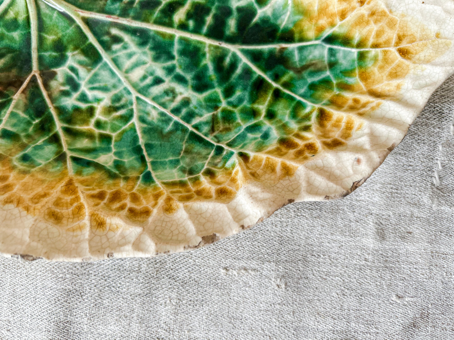 Green Yellow Unmarked Majolica Begonia Leaf 11" Dish, c1880