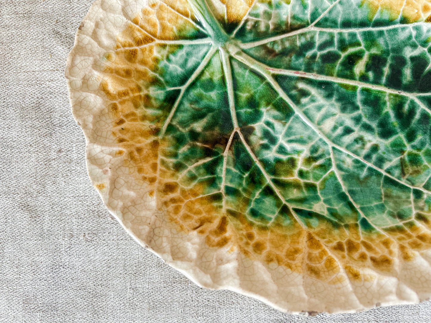 Green Yellow Unmarked Majolica Begonia Leaf 11" Dish, c1880
