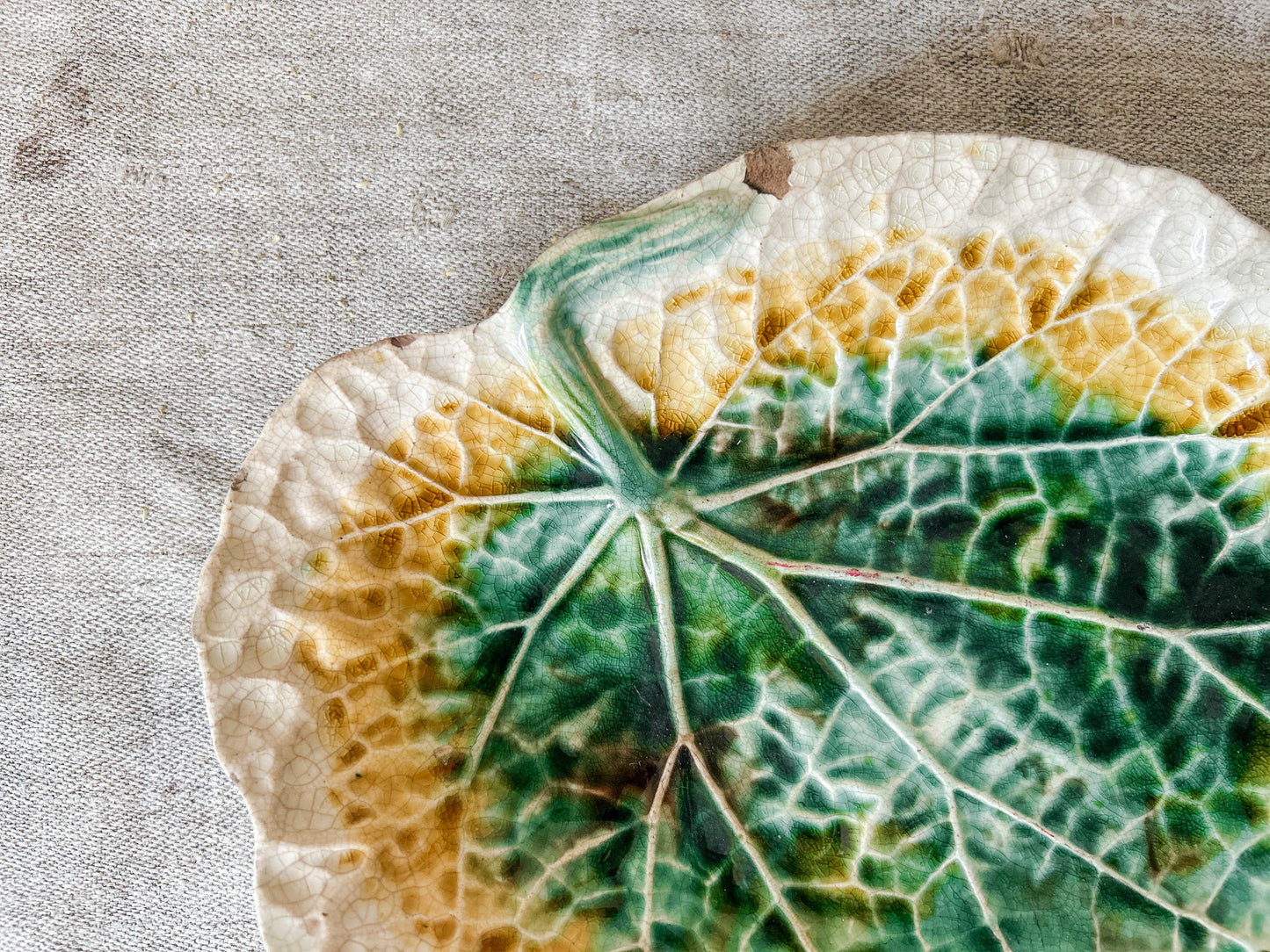Green Yellow Unmarked Majolica Begonia Leaf 11" Dish, c1880