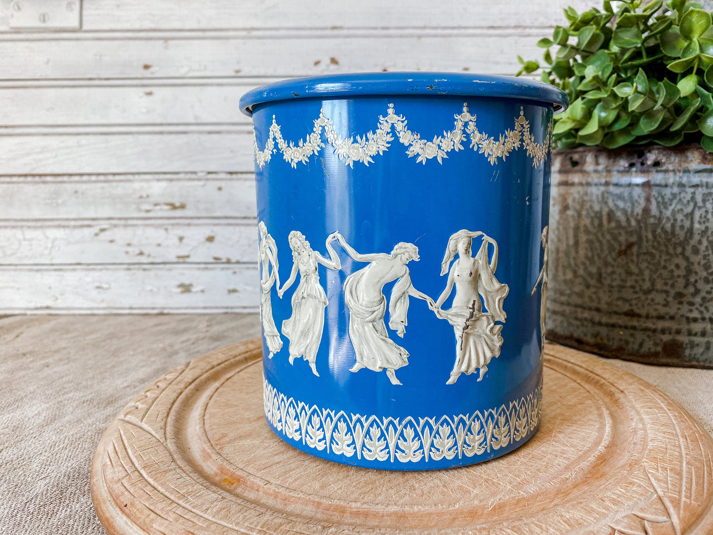 Vintage Wedgwood-Style Grecian Biscuit Tin | Blue and White Round Storage Tin | Made in Holland
