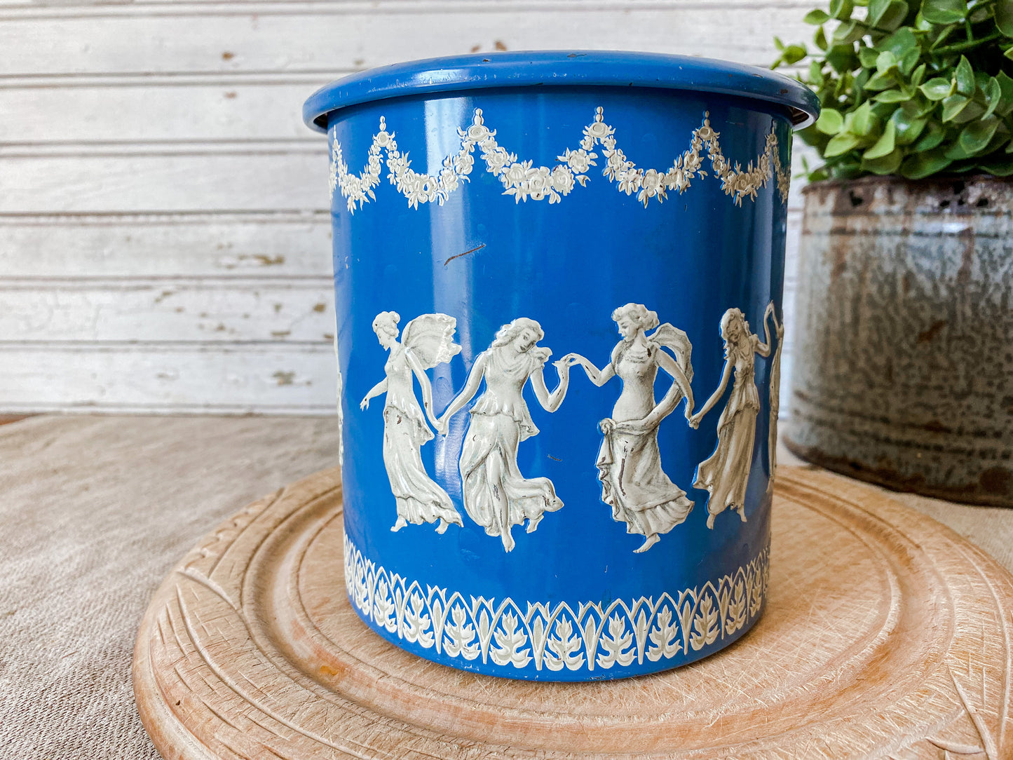 Vintage Wedgwood-Style Grecian Biscuit Tin | Blue and White Round Storage Tin | Made in Holland