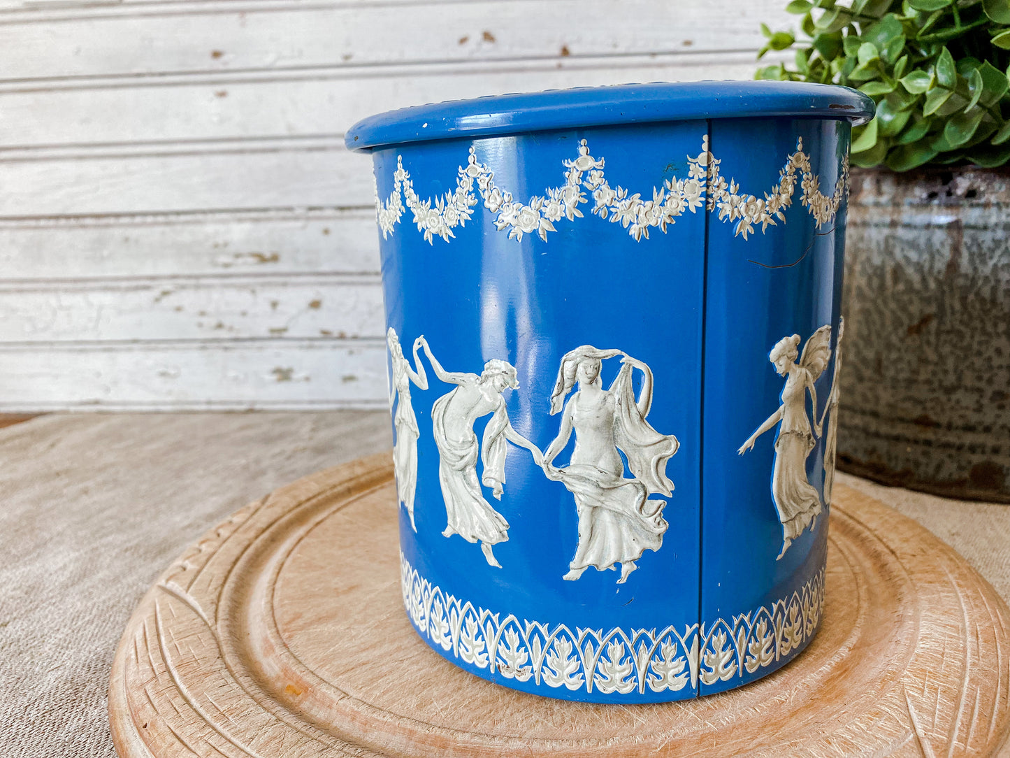 Vintage Wedgwood-Style Grecian Biscuit Tin | Blue and White Round Storage Tin | Made in Holland