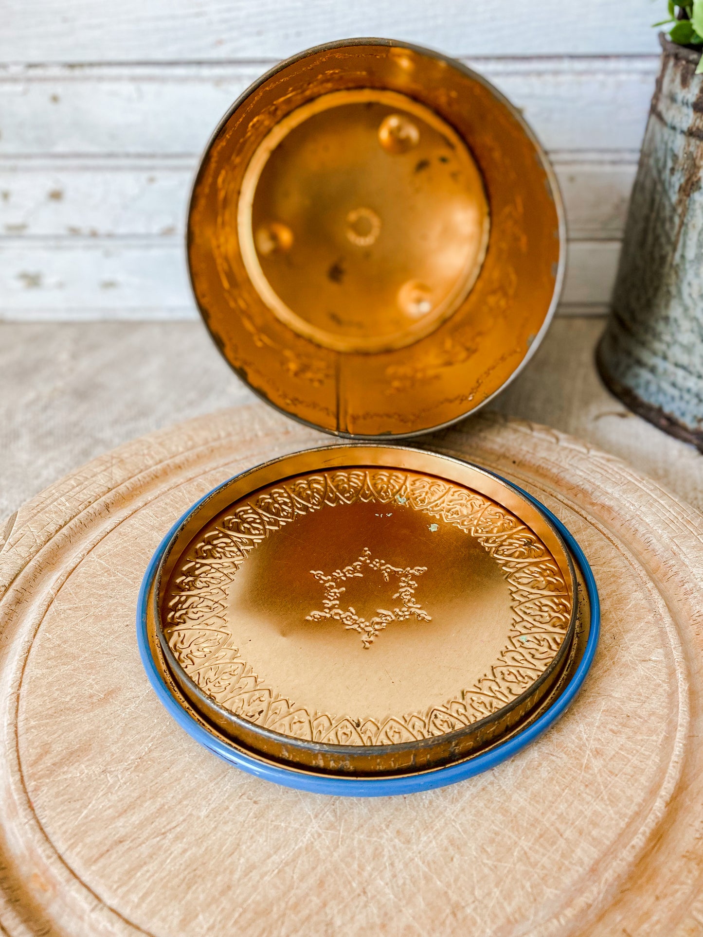 Vintage Wedgwood-Style Grecian Biscuit Tin | Blue and White Round Storage Tin | Made in Holland