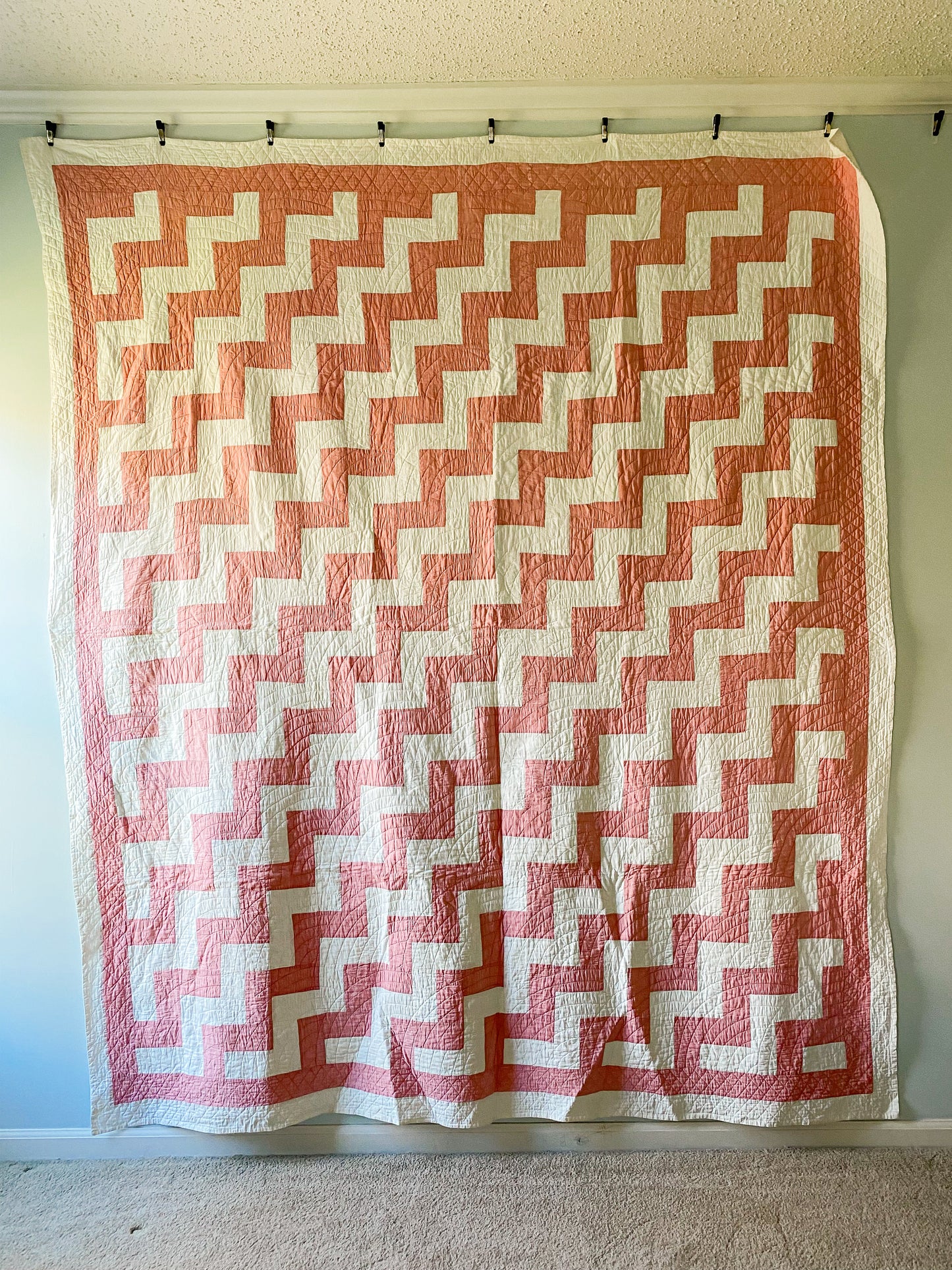 Vintage Pink and White Zig Zag Quilt