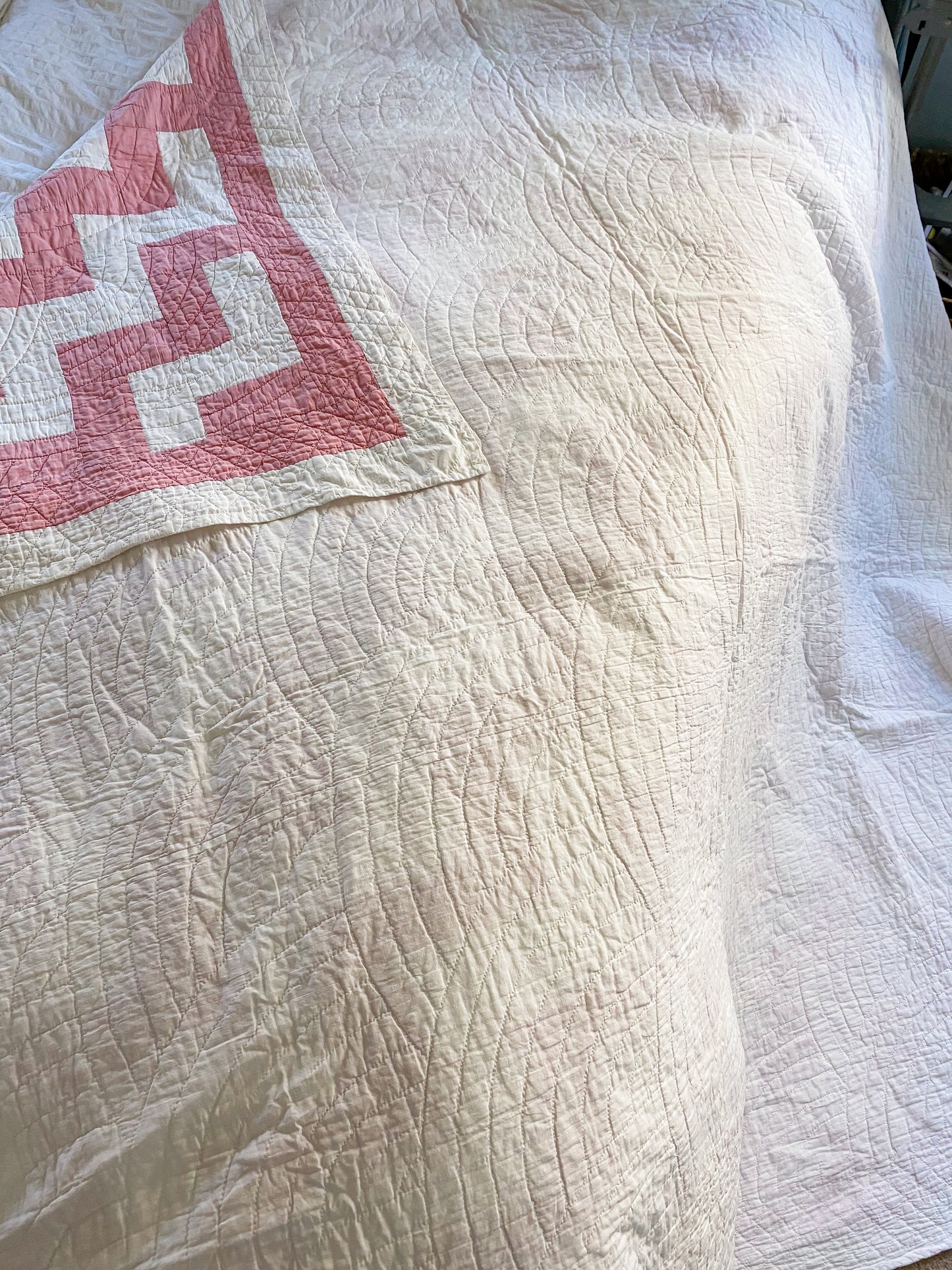 Vintage Pink and White Zig Zag Quilt