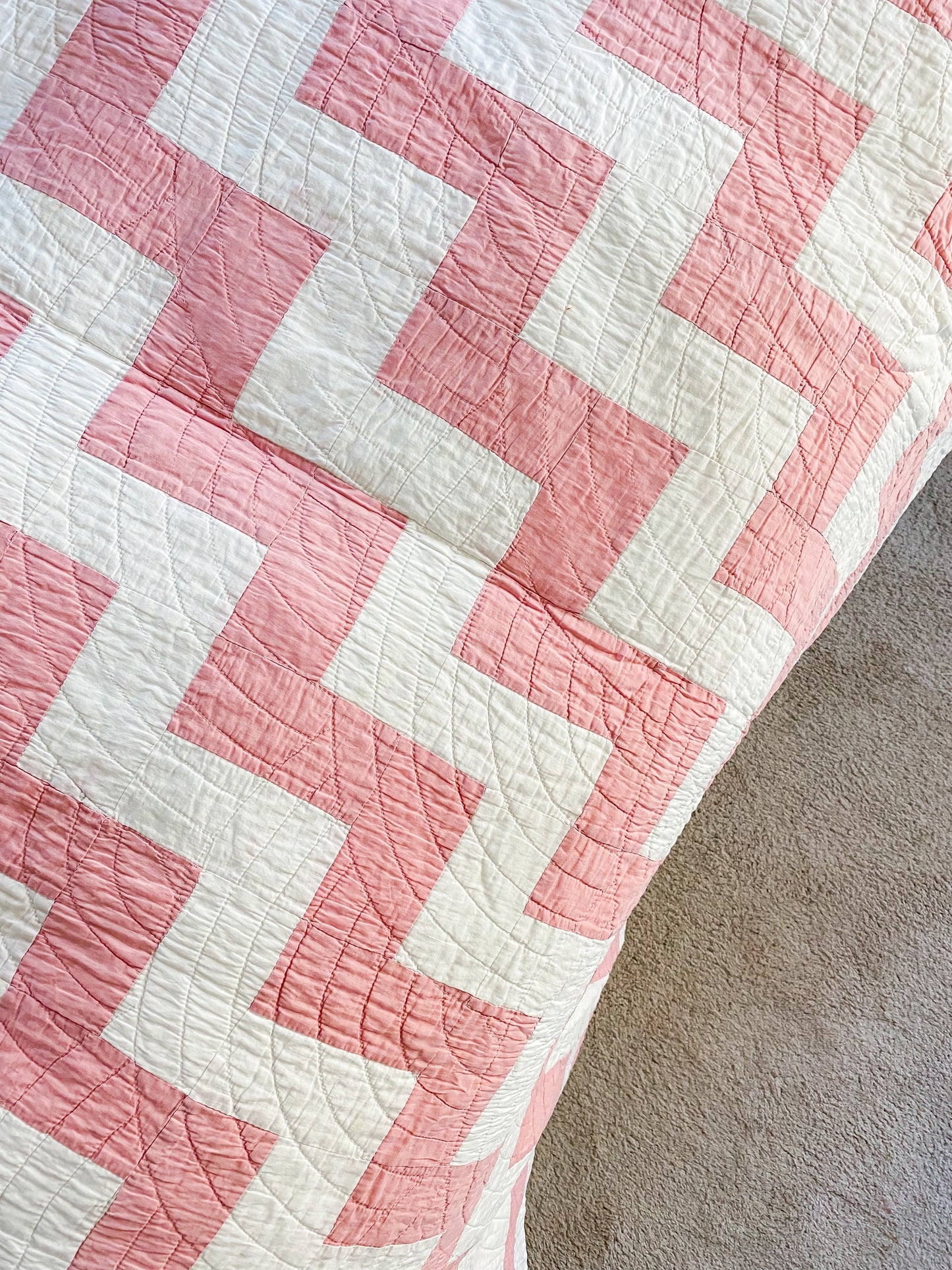 Vintage Pink and White Zig Zag Quilt