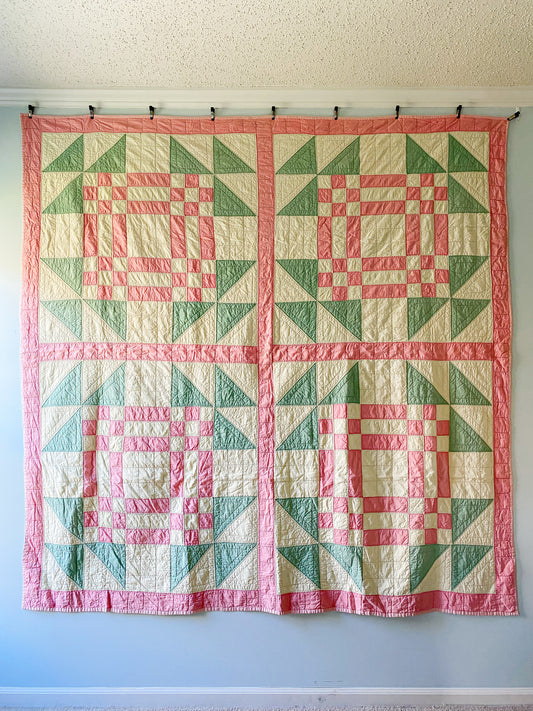Vintage Green and Pink "Geese on the Pond" Quilt