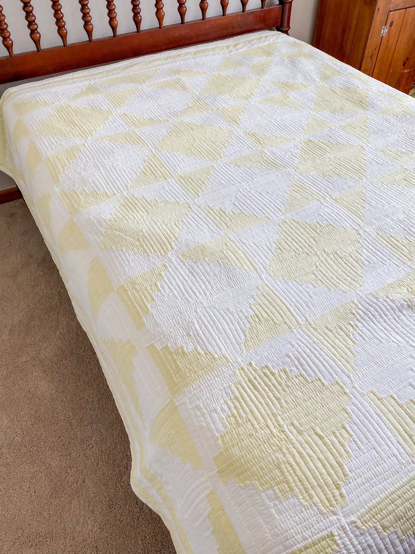 Vintage Pale Green and White Log Cabin Quilt
