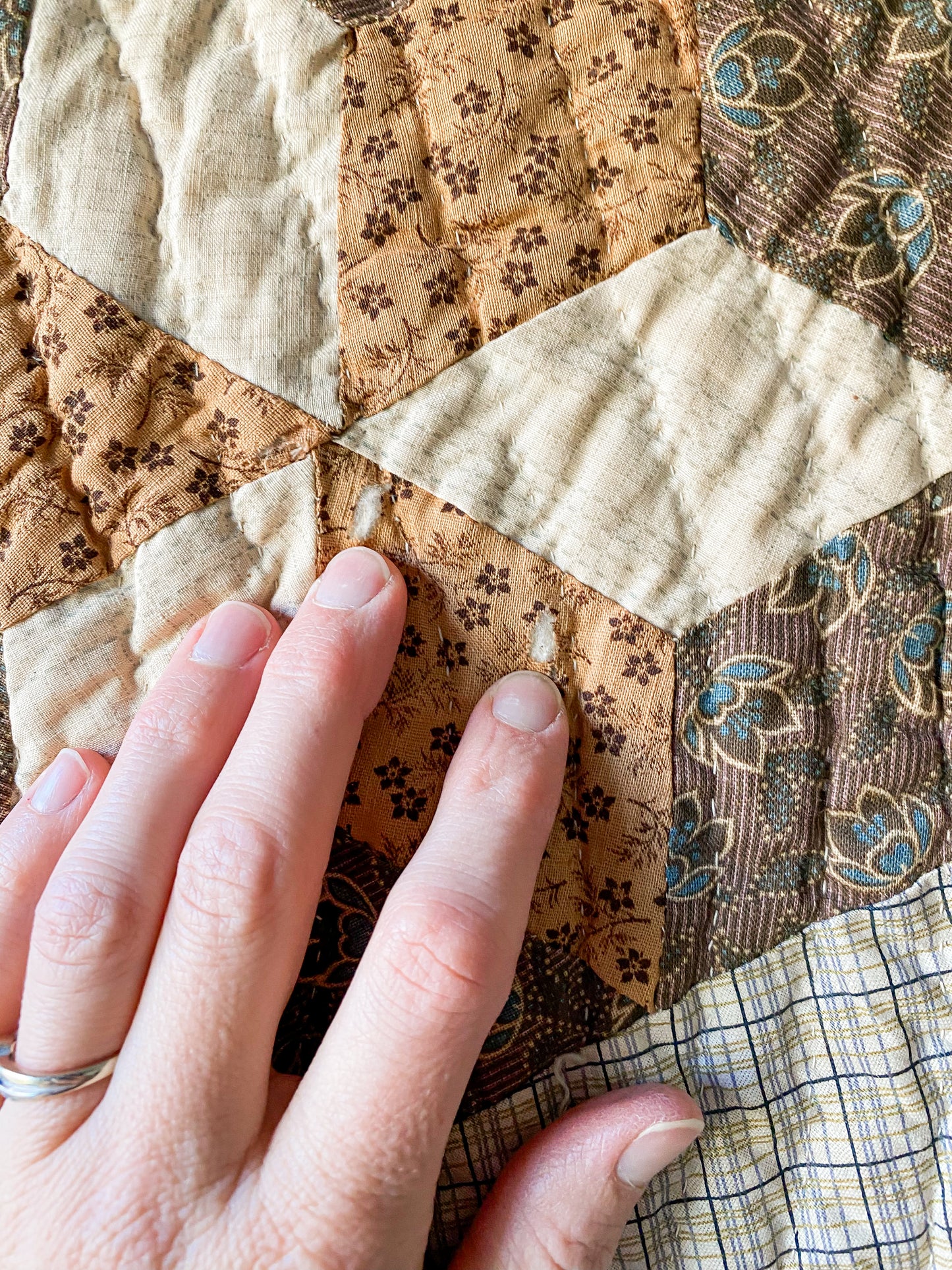 Antique Hexagon Six-Point Star Block Quilt, c1880