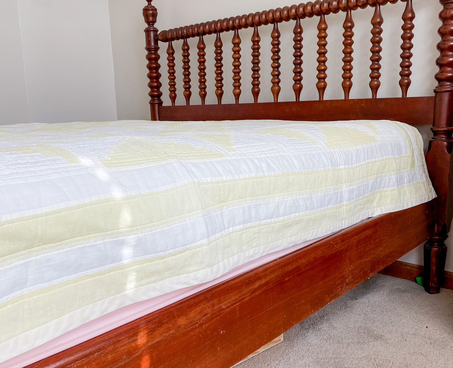 Vintage Pale Green and White Log Cabin Quilt