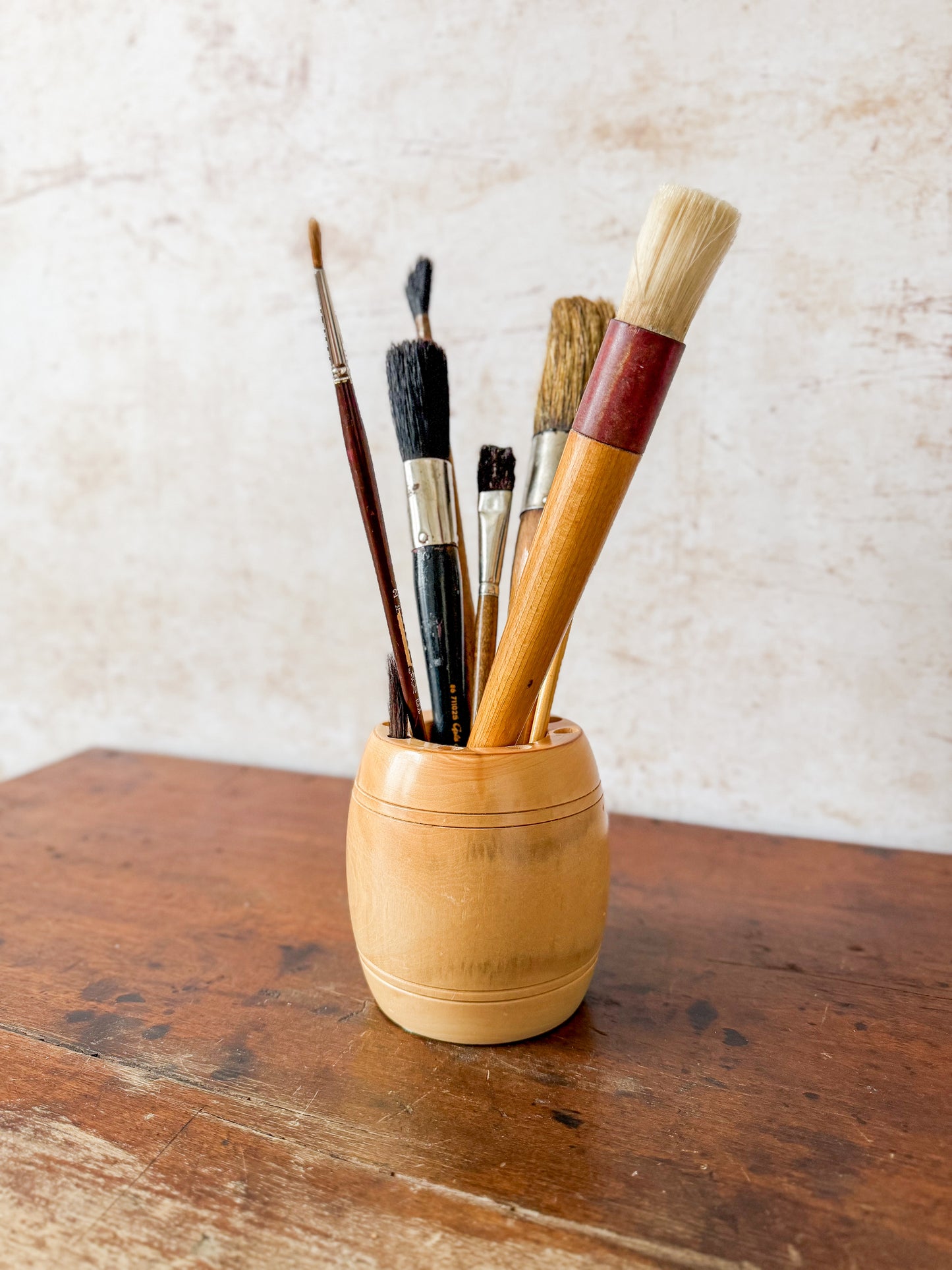 Collection of 8 Paint Brushes in Handmade Wooden Vase