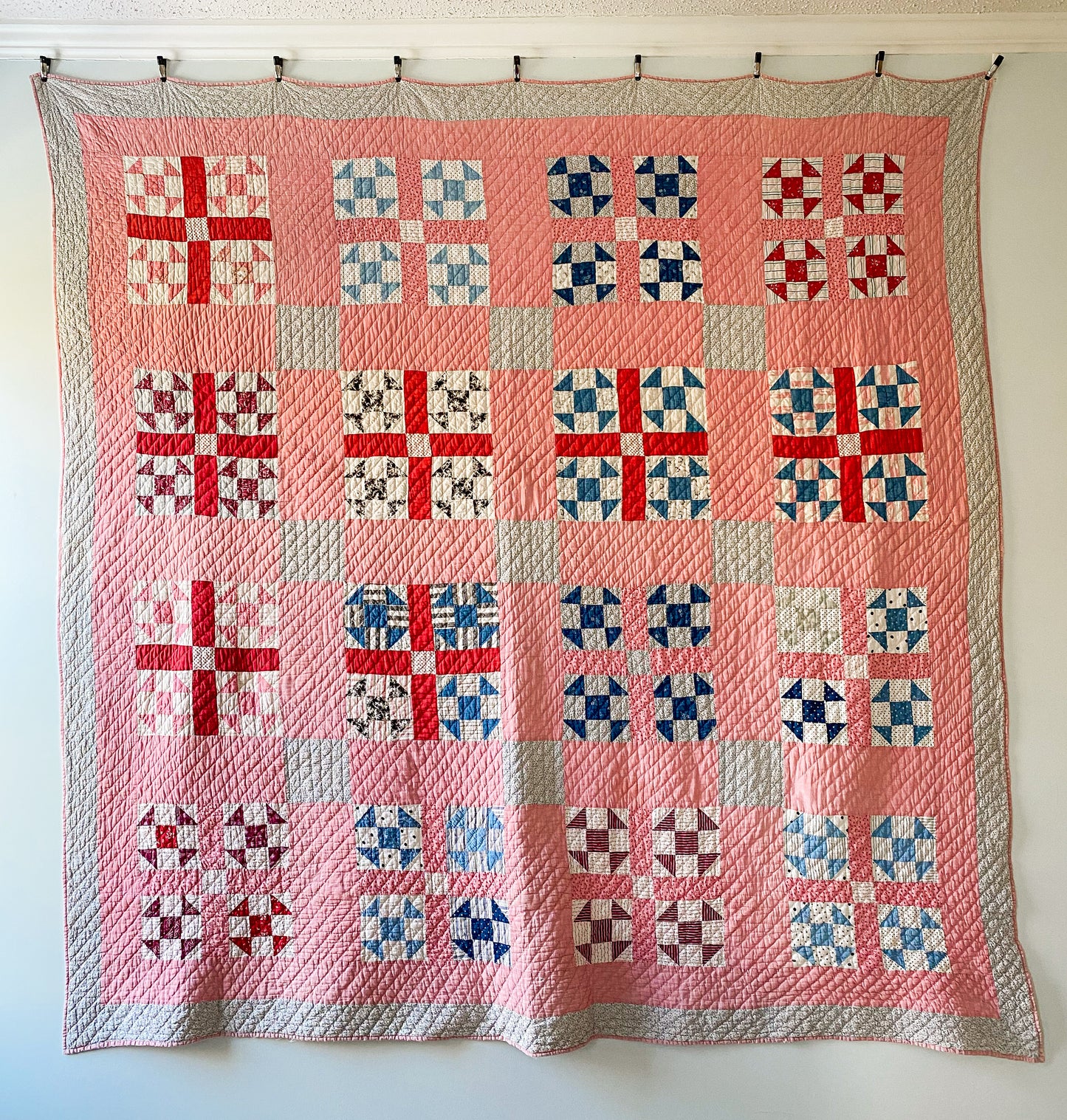Antique Bachelor's Puzzle Variation Pink and Blue Quilt, c1900