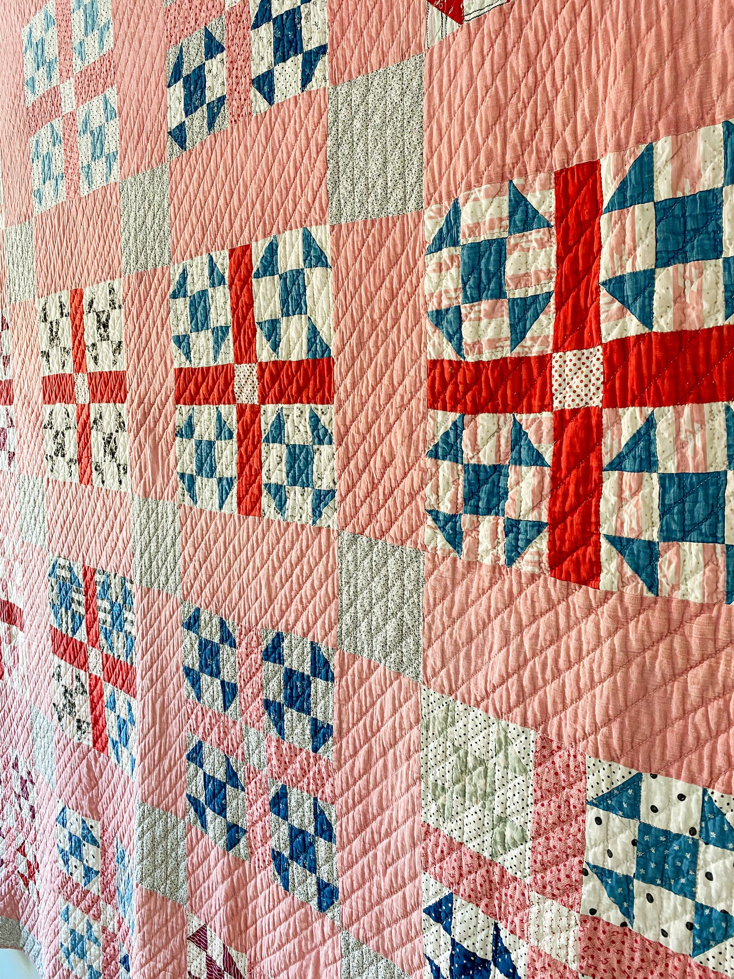 Antique Bachelor's Puzzle Variation Pink and Blue Quilt, c1900