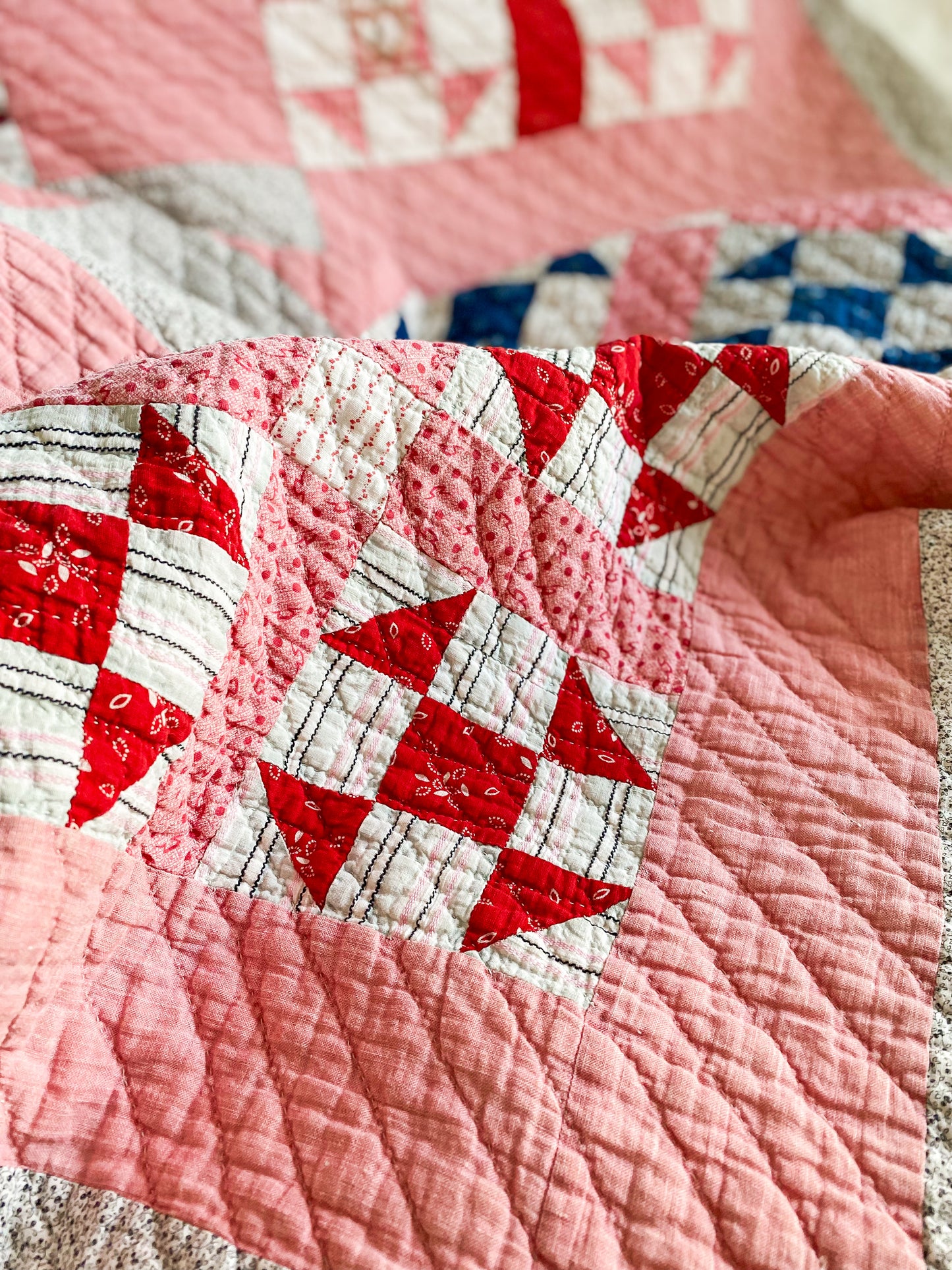 Antique Bachelor's Puzzle Variation Pink and Blue Quilt, c1900