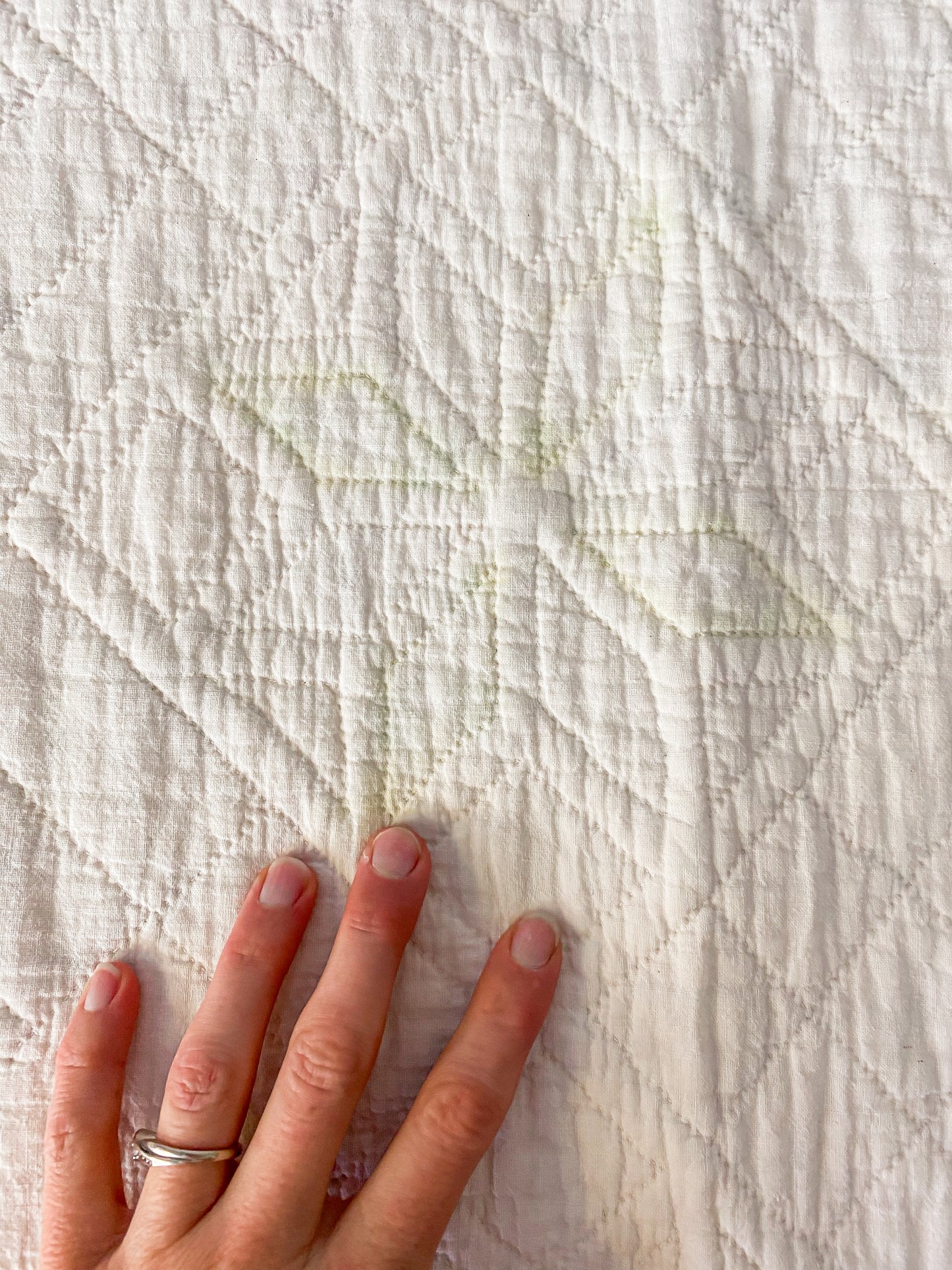 Vintage 8 Pointed Star Quilt with Signature and Printed Sashing, c1940