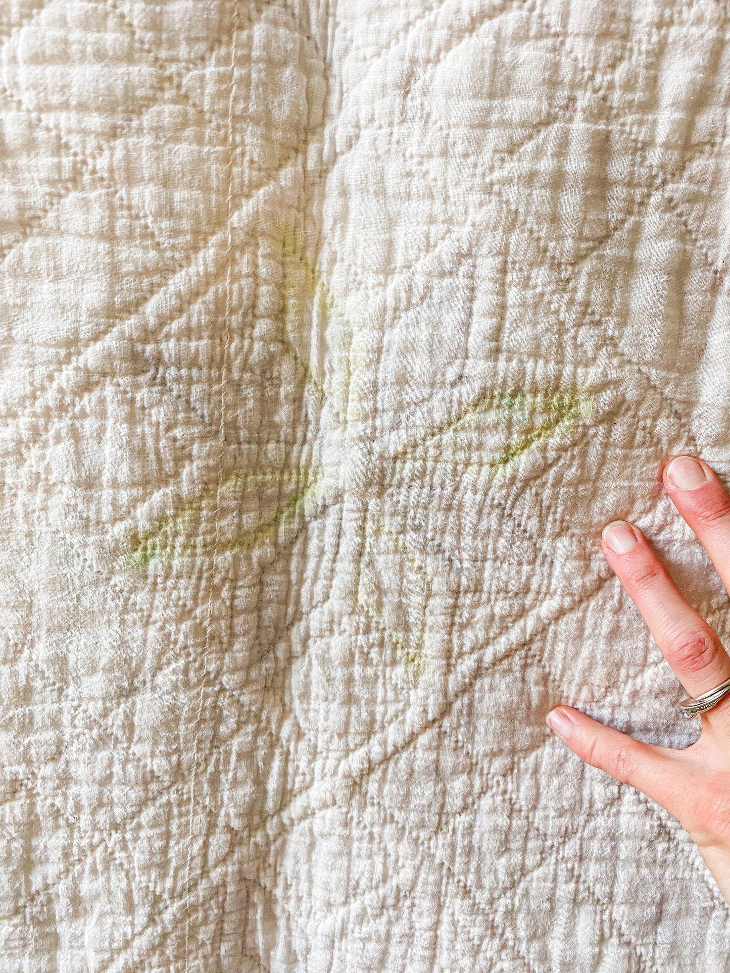 Vintage 8 Pointed Star Quilt with Signature and Printed Sashing, c1940