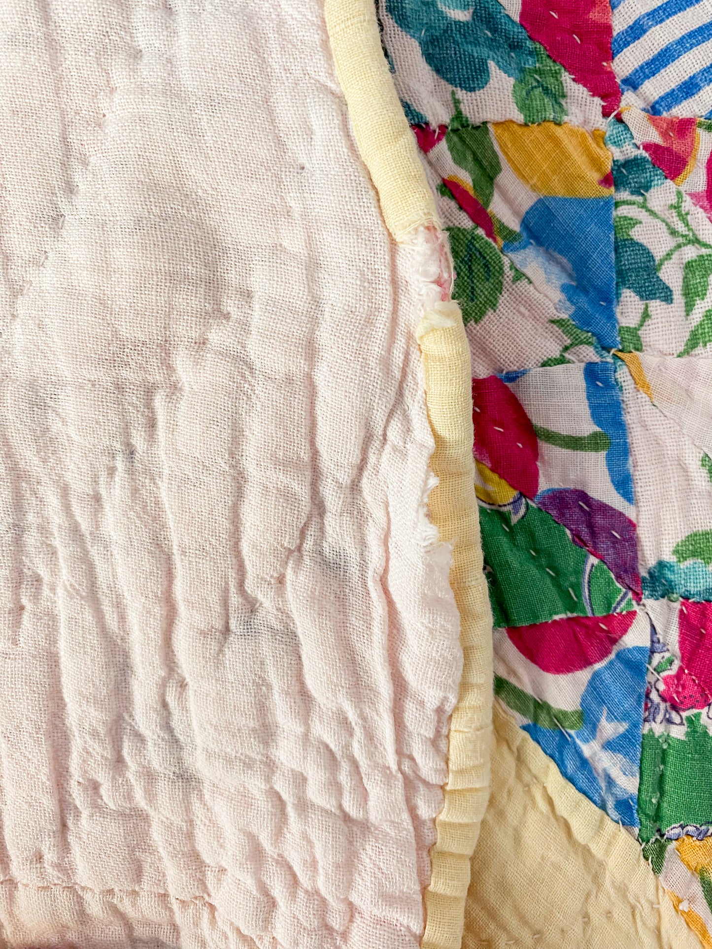 Vintage Scrappy Ocean Waves Quilt with Yellow Setting Blocks, c1950