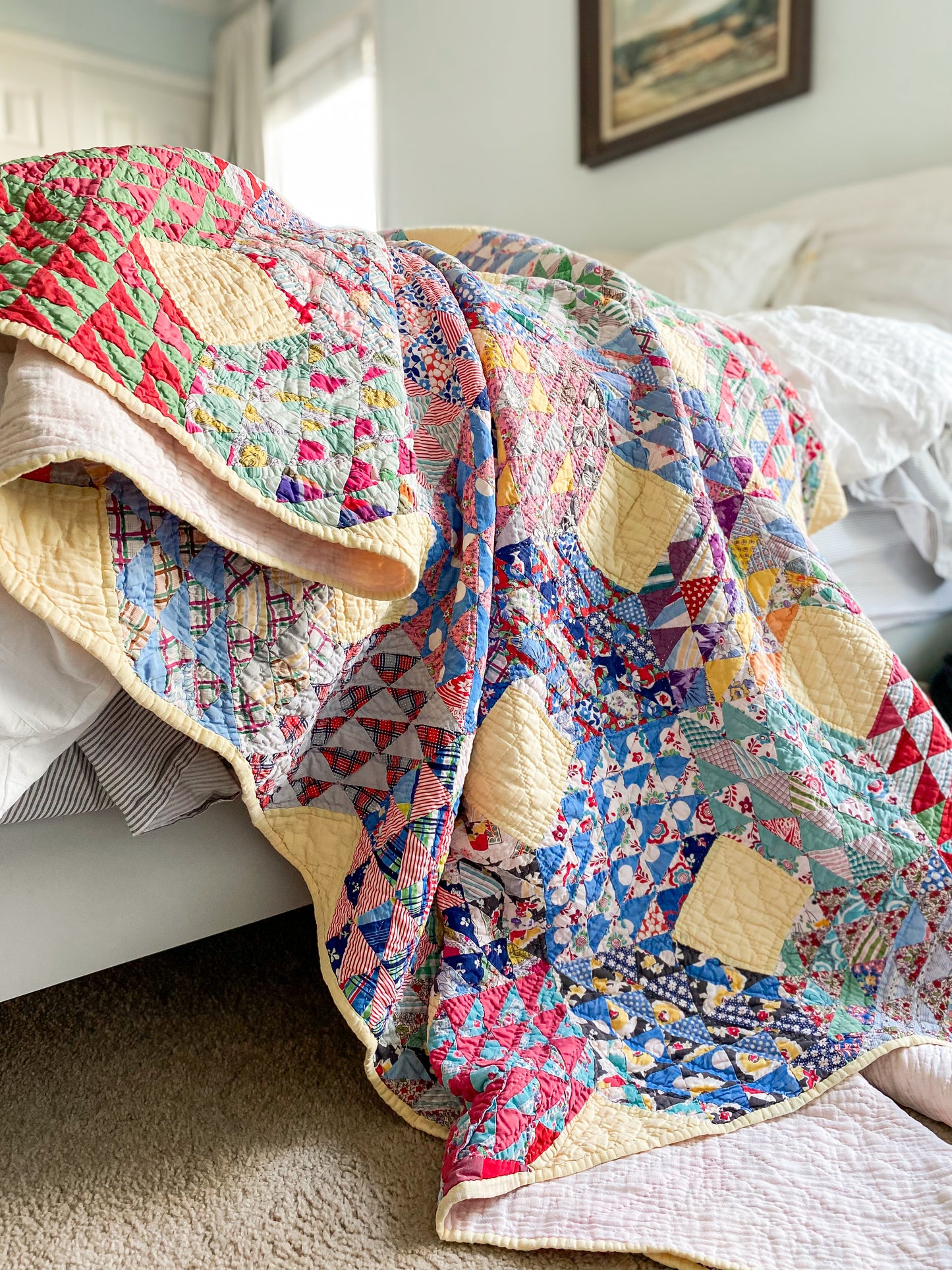 Vintage Scrappy Ocean Waves Quilt with Yellow Setting Blocks, c1950