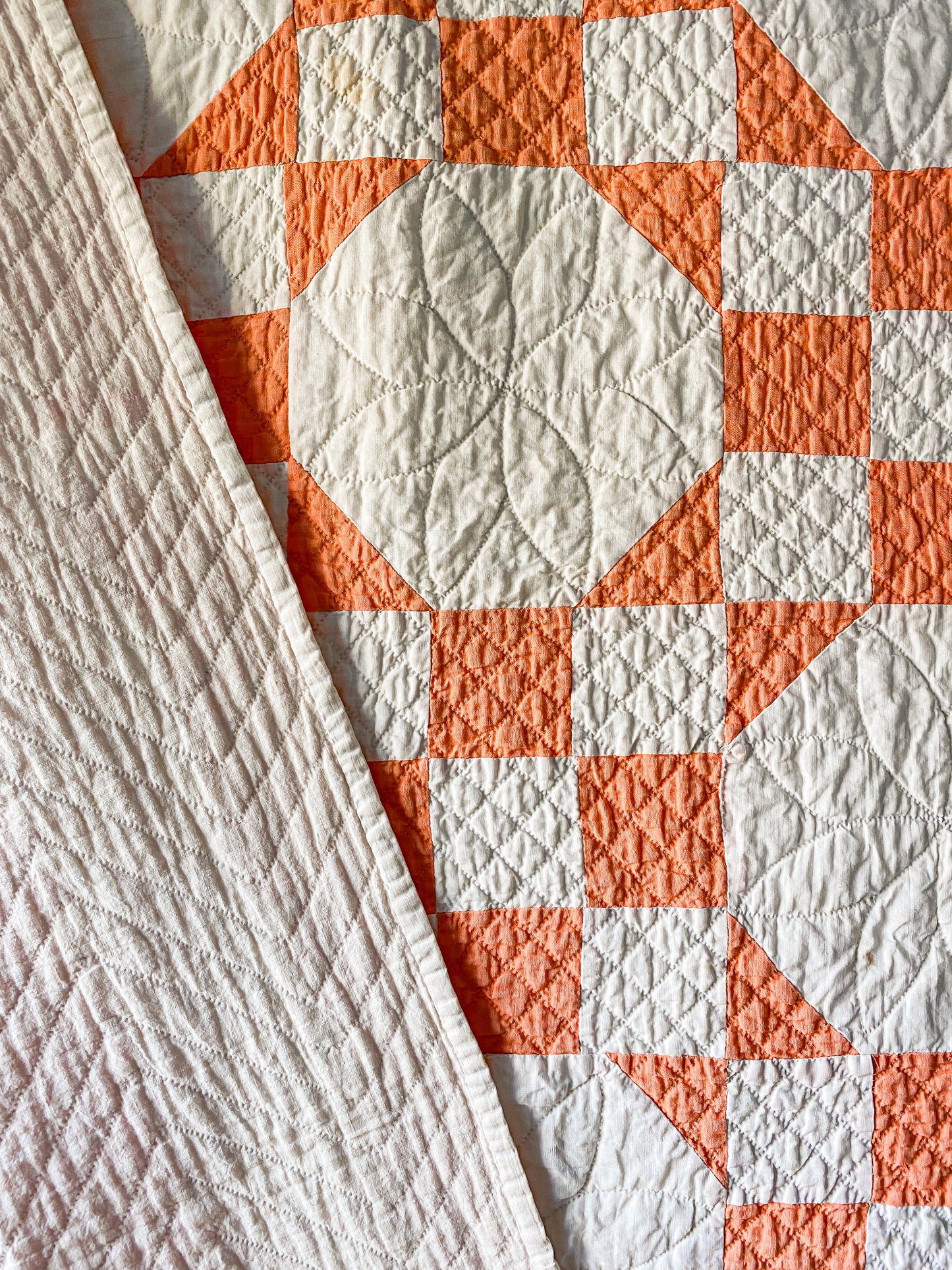 Vintage Creamsicle Orange and White Snowball Quilt, c1930